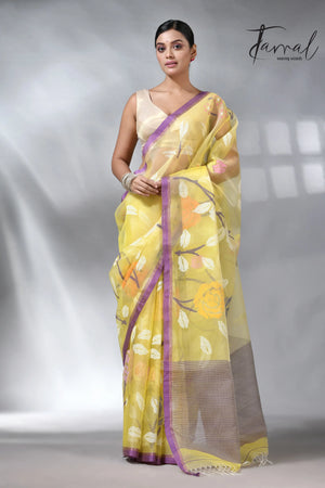 Yellow with purple border allover rose motifs handwoven musli silk jamdani saree
