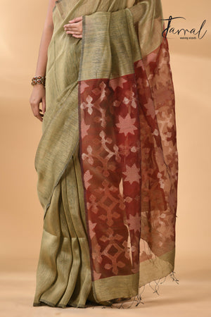 Mehendi Green With Red Star Pallu silk linen handwoven jamdani saree - Tamal Boutique
