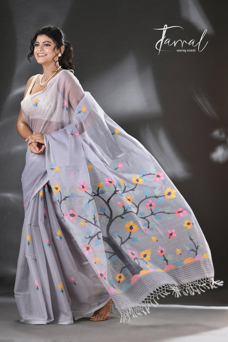 Still grey multi colour blossom floral tree motifs handwoven silk cotton saree - Tamal Boutique