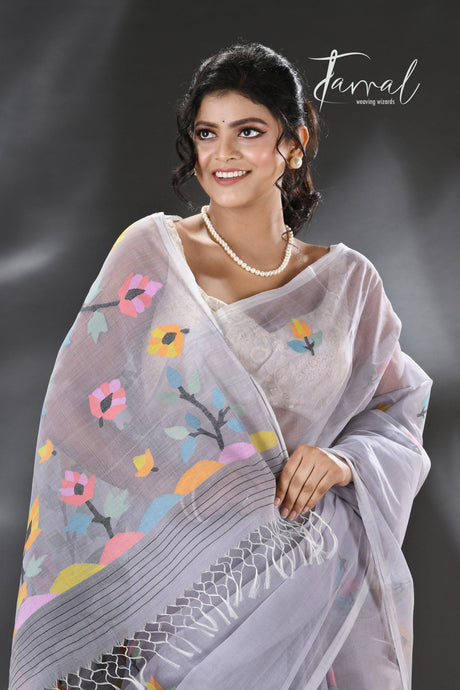 Still grey multi colour blossom floral tree motifs handwoven silk cotton saree - Tamal Boutique