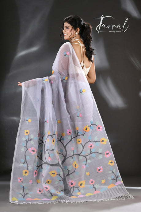 Still grey multi colour blossom floral tree motifs handwoven silk cotton saree - Tamal Boutique