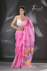 Sweet pink lotus pallu silk cotton handwoven jamdani saree - Tamal Boutique