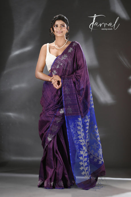 Chocolate brown with blue dual tone matka silk floral handwoven jamdani saree - Tamal Boutique