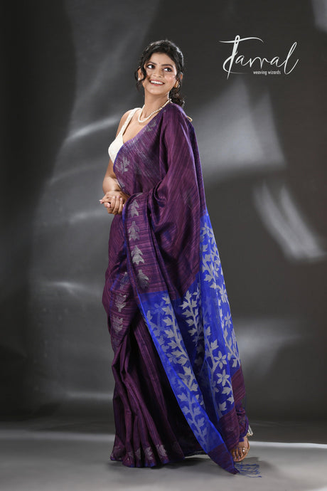 Chocolate brown with blue dual tone matka silk floral handwoven jamdani saree - Tamal Boutique