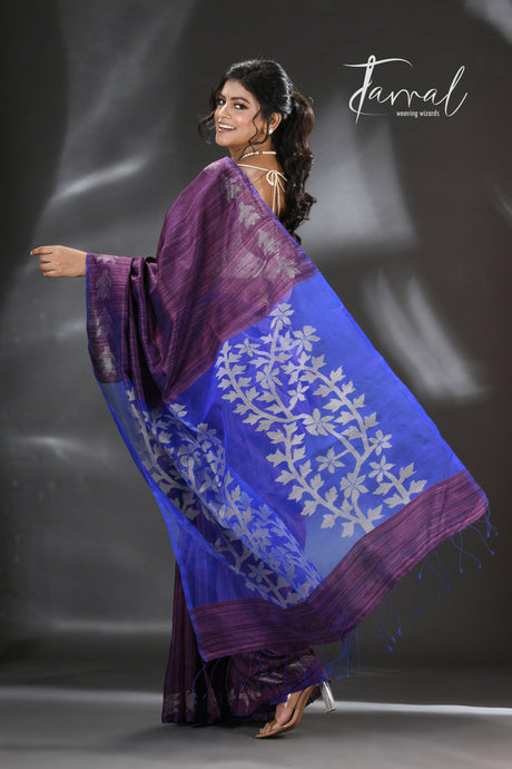 Chocolate brown with blue dual tone matka silk floral handwoven jamdani saree - Tamal Boutique