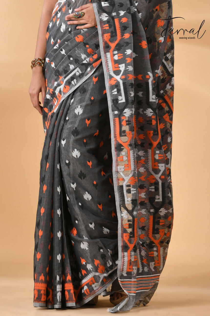 Slate symphony soft Handloom dhakai jamdani saree - Tamal Boutique