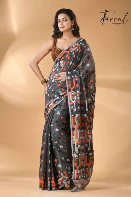 Slate symphony soft Handloom dhakai jamdani saree - Tamal Boutique