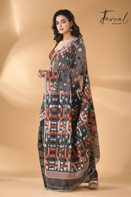 Slate symphony soft Handloom dhakai jamdani saree - Tamal Boutique