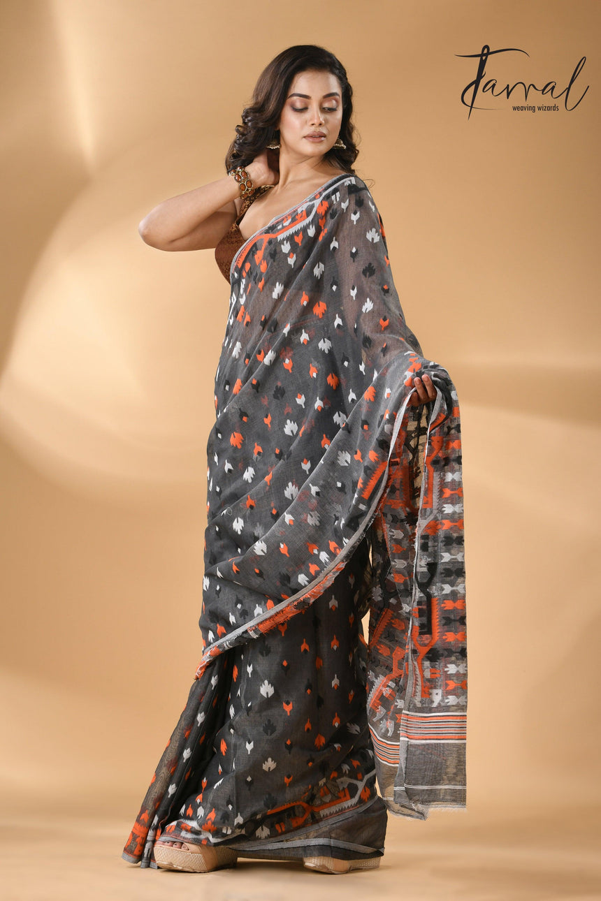 Slate symphony soft Handloom dhakai jamdani saree - Tamal Boutique