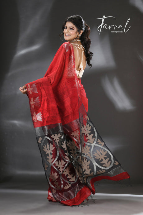 Red with golden lotus matka silk handwoven jamdani saree - Tamal Boutique