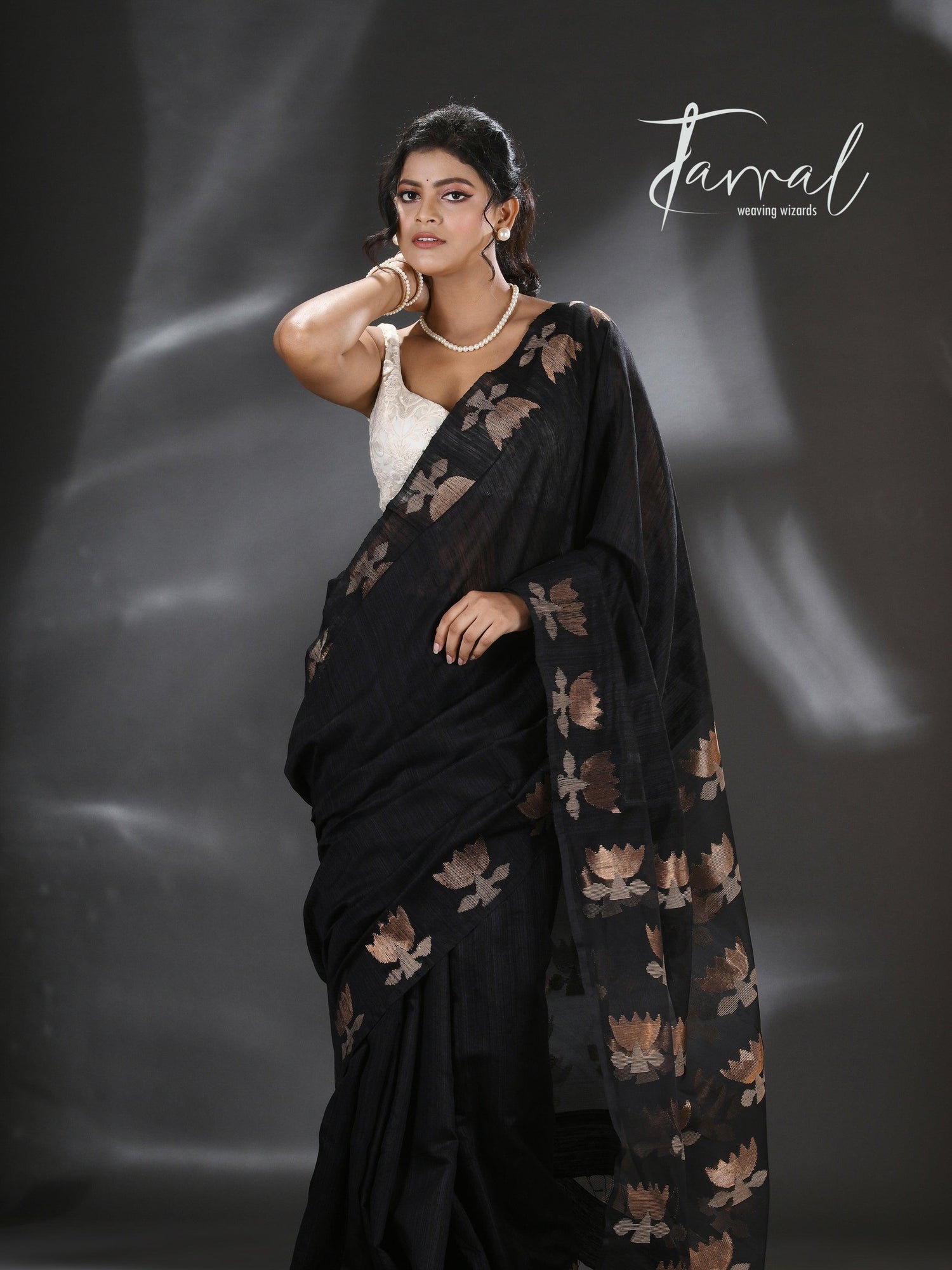 Black golden lotus matka silk handwoven jamdani saree - Tamal Boutique