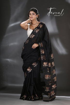 Black golden lotus matka silk handwoven jamdani saree - Tamal Boutique