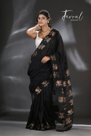 Black golden lotus matka silk handwoven jamdani saree - Tamal Boutique