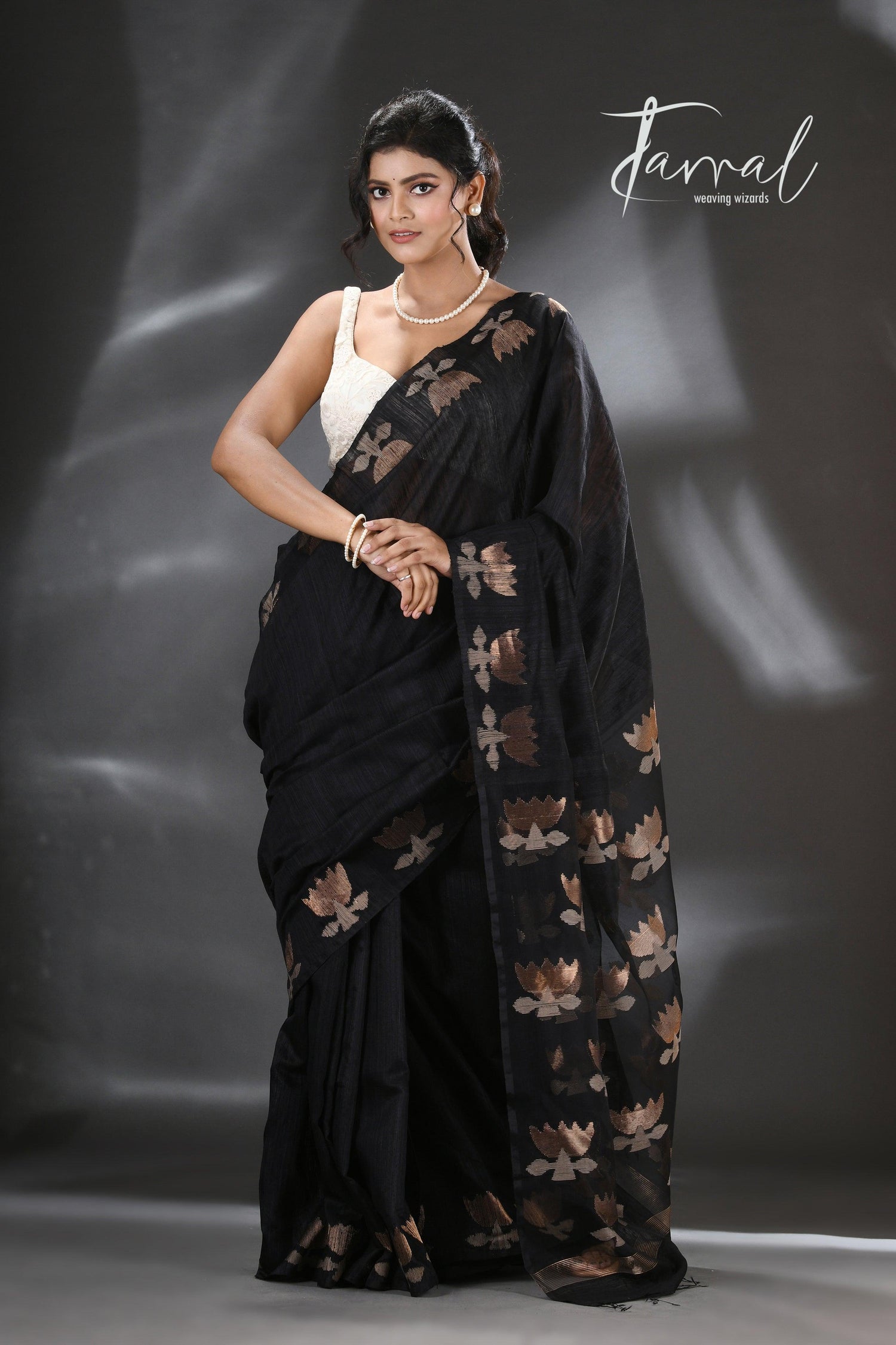 Black golden lotus matka silk handwoven jamdani saree - Tamal Boutique