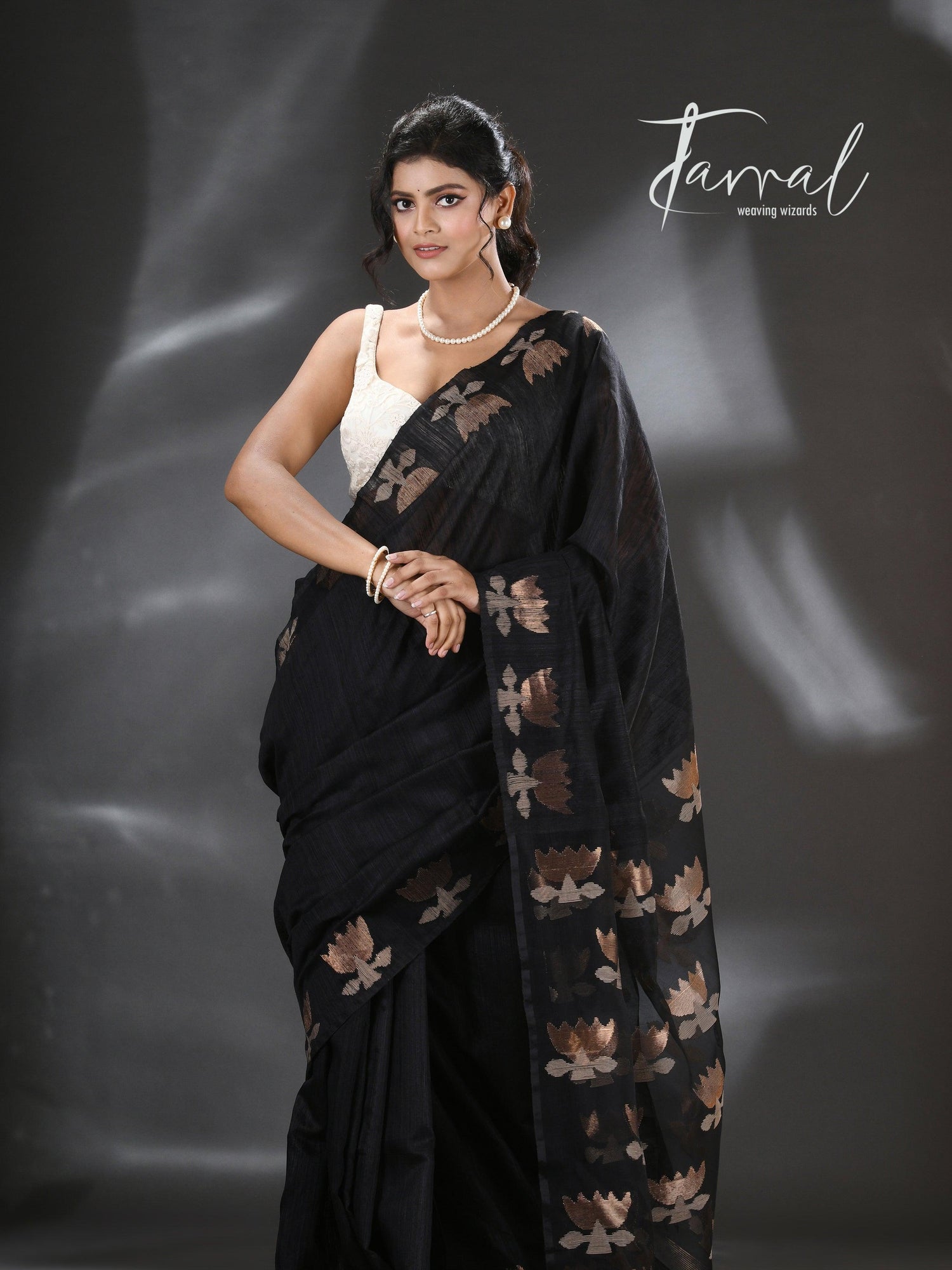 Black golden lotus matka silk handwoven jamdani saree - Tamal Boutique