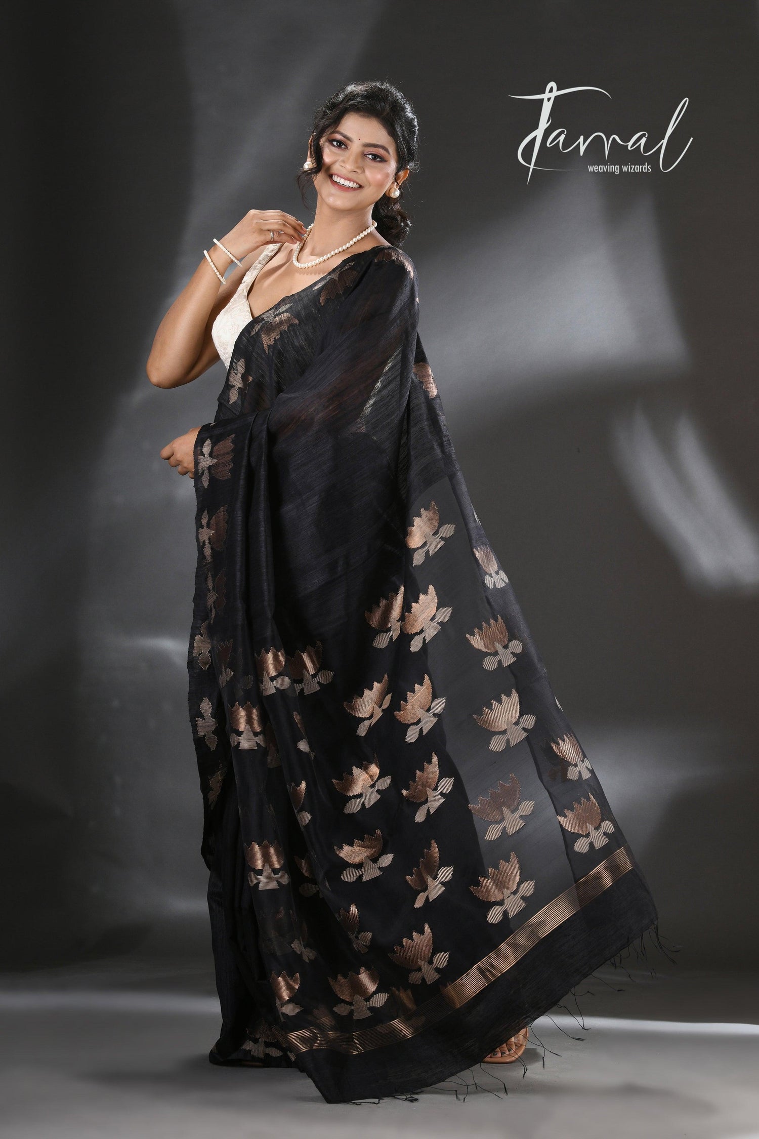 Black golden lotus matka silk handwoven jamdani saree - Tamal Boutique
