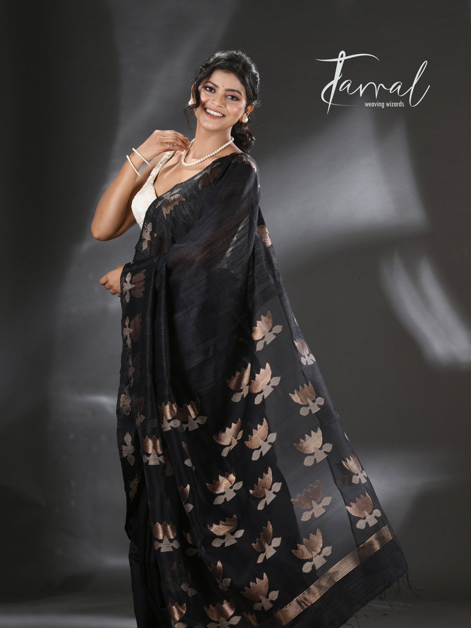 Black golden lotus matka silk handwoven jamdani saree - Tamal Boutique