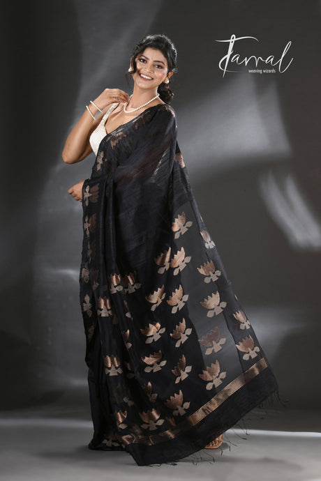 Black golden lotus matka silk handwoven jamdani saree - Tamal Boutique