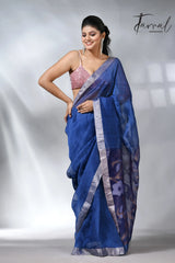 Blue with silver zari border silk linen handwoven jamdani saree
