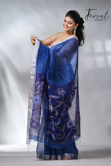 Blue with silver zari border silk linen handwoven jamdani saree