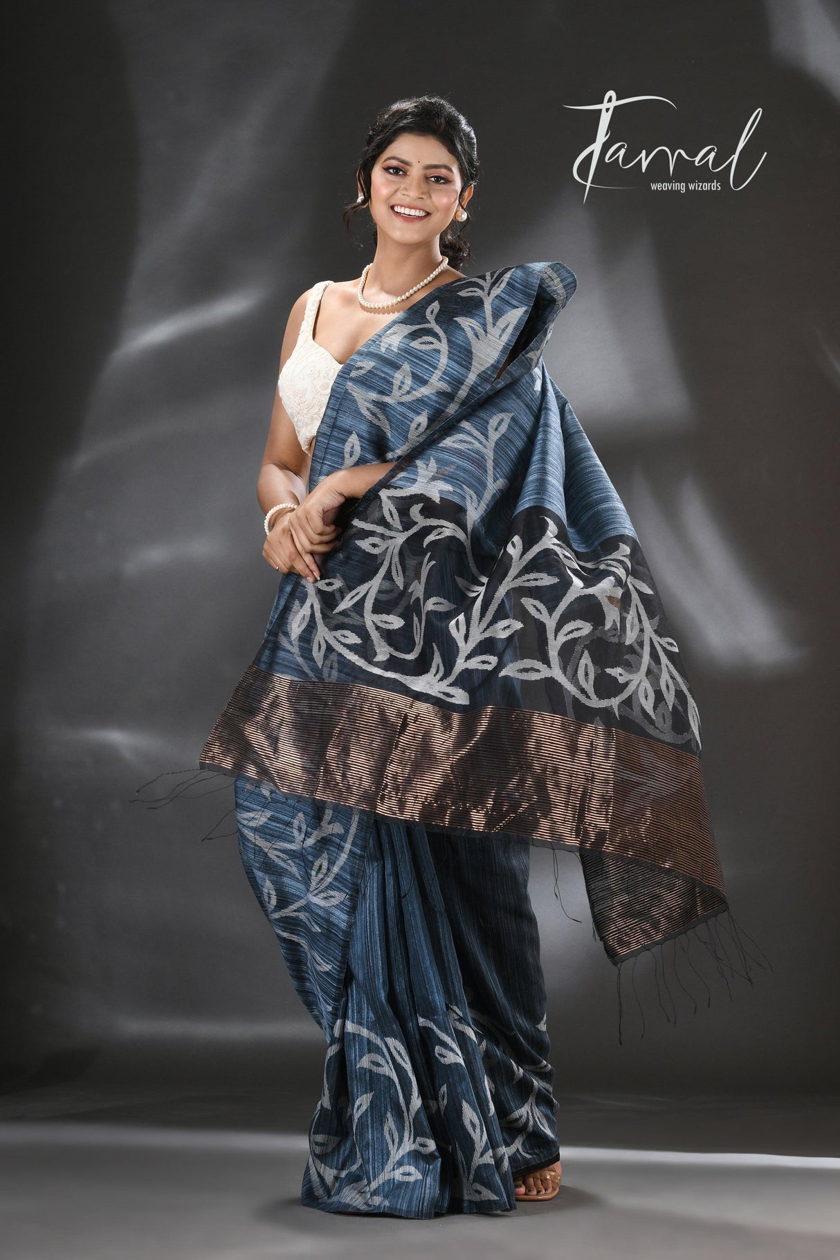 Peacock blue with zari floral border silk linen handwoven jamdani saree - Tamal Boutique