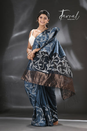 Peacock blue with zari floral border silk linen handwoven jamdani saree - Tamal Boutique