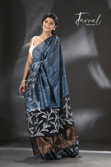 Peacock blue with zari floral border silk linen handwoven jamdani saree - Tamal Boutique