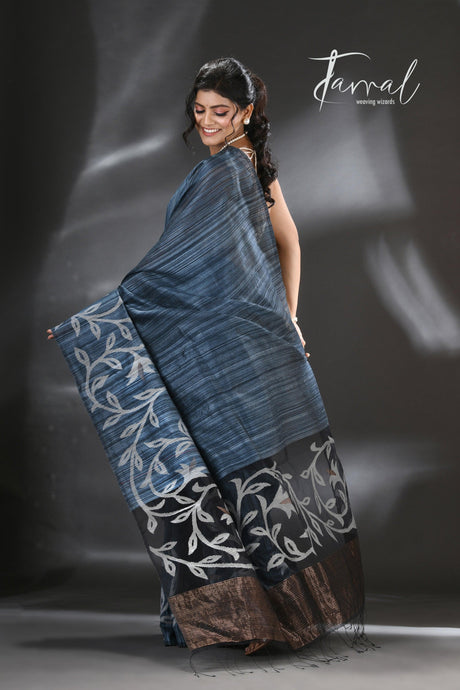 Peacock blue with zari floral border silk linen handwoven jamdani saree - Tamal Boutique