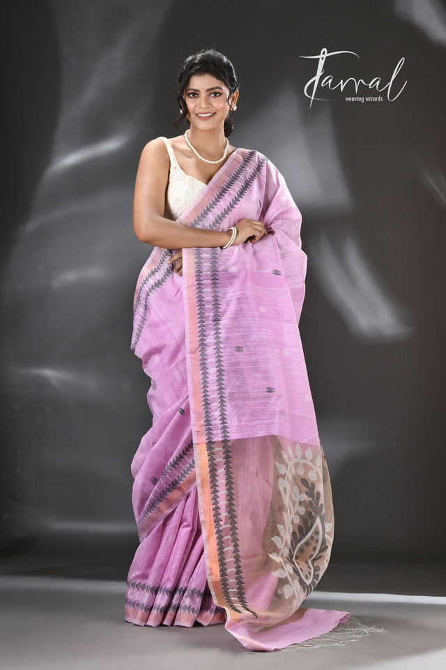 Baby Pink with White & black colour kalka motifs matka silk handwoven jamdani saree - Tamal Boutique