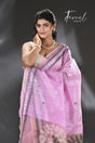 Baby Pink with White & black colour kalka motifs matka silk handwoven jamdani saree - Tamal Boutique