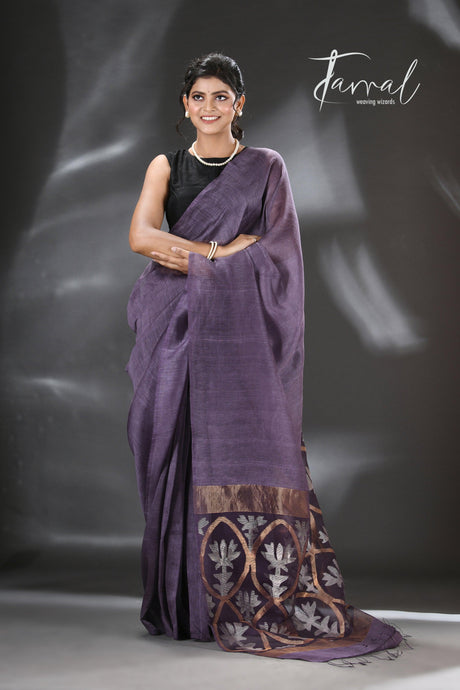 Dark Lavender zari lotus silk linen handwoven jamdani saree - Tamal Boutique