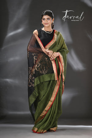 Moss green with gold zari pallu silk linen handwoven jamdani saree - Tamal Boutique