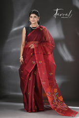 Maroon floral handwoven muslin silk jamdani saree - Tamal Boutique