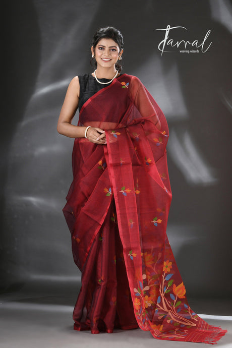 Maroon floral handwoven muslin silk jamdani saree - Tamal Boutique