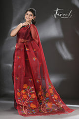 Maroon floral handwoven muslin silk jamdani saree - Tamal Boutique