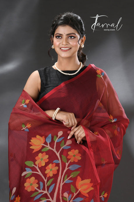 Maroon floral handwoven muslin silk jamdani saree - Tamal Boutique