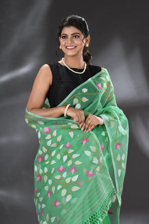 Seafoam green with other colour floral lata border muslin silk handwoven jamdani saree - Tamal Boutique
