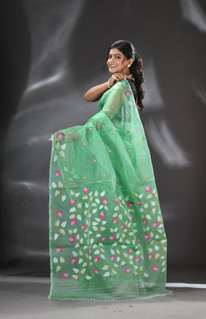 Seafoam green with other colour floral lata border muslin silk handwoven jamdani saree - Tamal Boutique