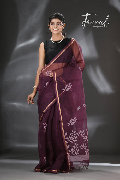 Chocolate brown rose motifs muslin silk handwoven jamdani saree - Tamal Boutique