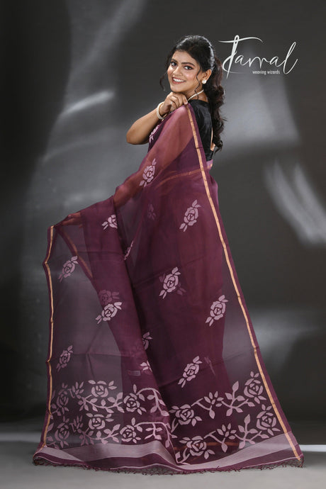 Chocolate brown rose motifs muslin silk handwoven jamdani saree - Tamal Boutique