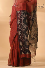 Maroon with black star pallu silk linen handwoven jamdani saree - Tamal Boutique