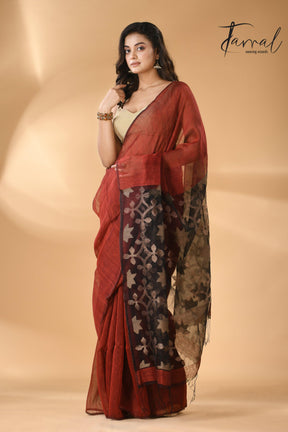 Maroon with black star pallu silk linen handwoven jamdani saree - Tamal Boutique