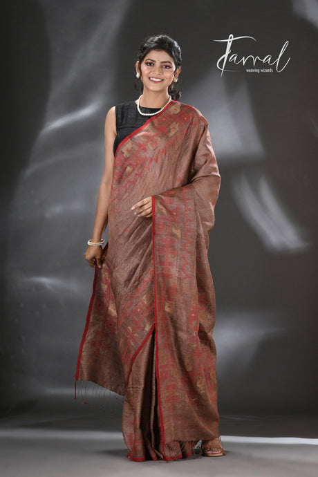 Chocolate Brown with Red Tussar SilkTraditional Handwoven Jamdani Saree - Tamal Boutique