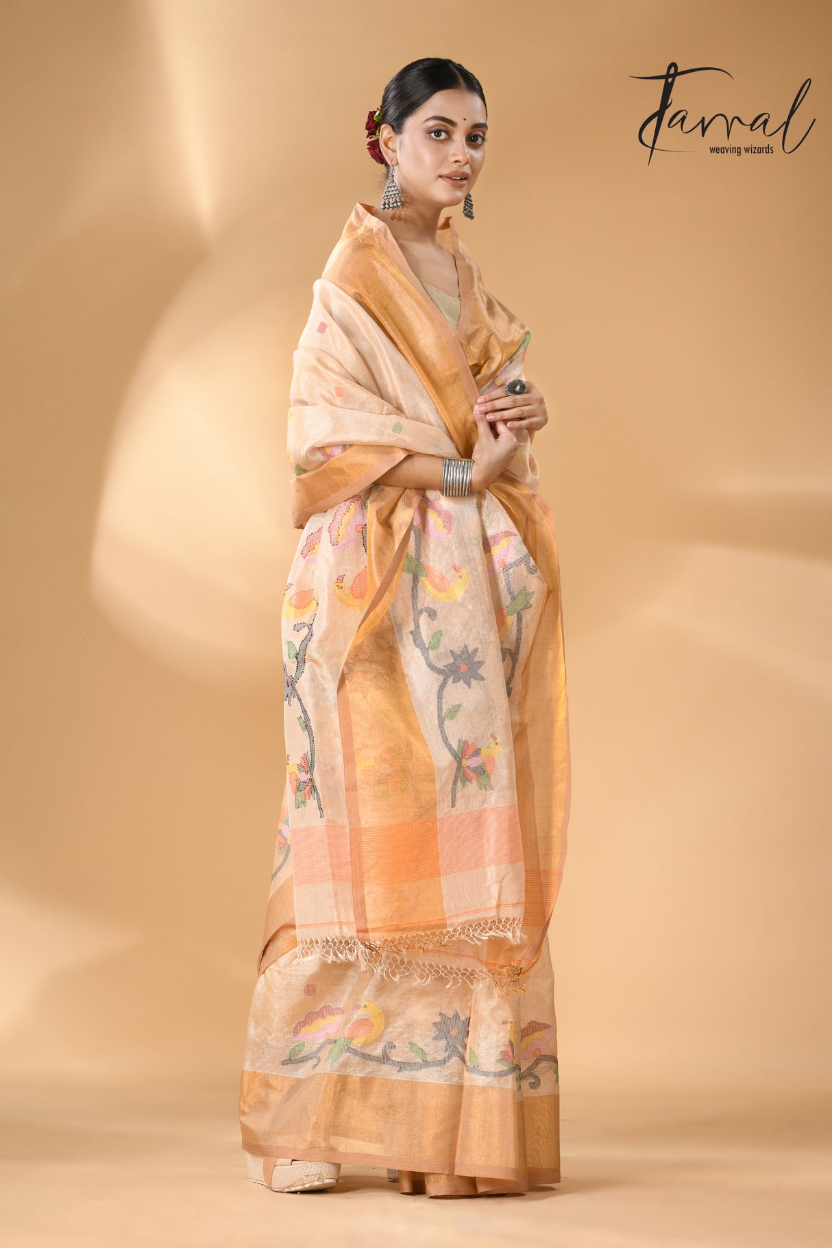 Traditional Beige Tussar Silk Handwoven Jamdani Saree With Bird Pallu