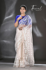 Offwhite self traditional handwoven muslin silk dhakai jamdani saree - Tamal Boutique