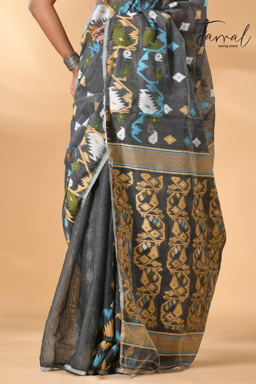 Grey with multi colour soft handloom dhaki jamdani saree - Tamal Boutique