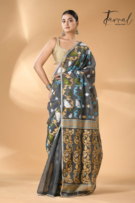 Grey with multi colour soft handloom dhaki jamdani saree - Tamal Boutique