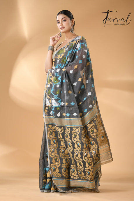 Grey with multi colour soft handloom dhaki jamdani saree - Tamal Boutique