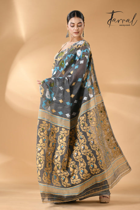 Grey with multi colour soft handloom dhaki jamdani saree - Tamal Boutique