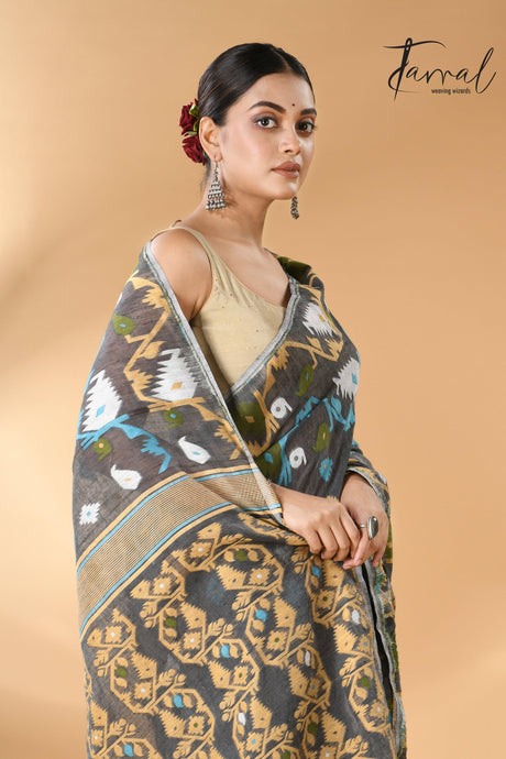 Grey with multi colour soft handloom dhaki jamdani saree - Tamal Boutique